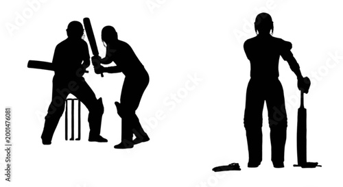 Cricket players silhouettes with bats isolated on transparent background, Vector