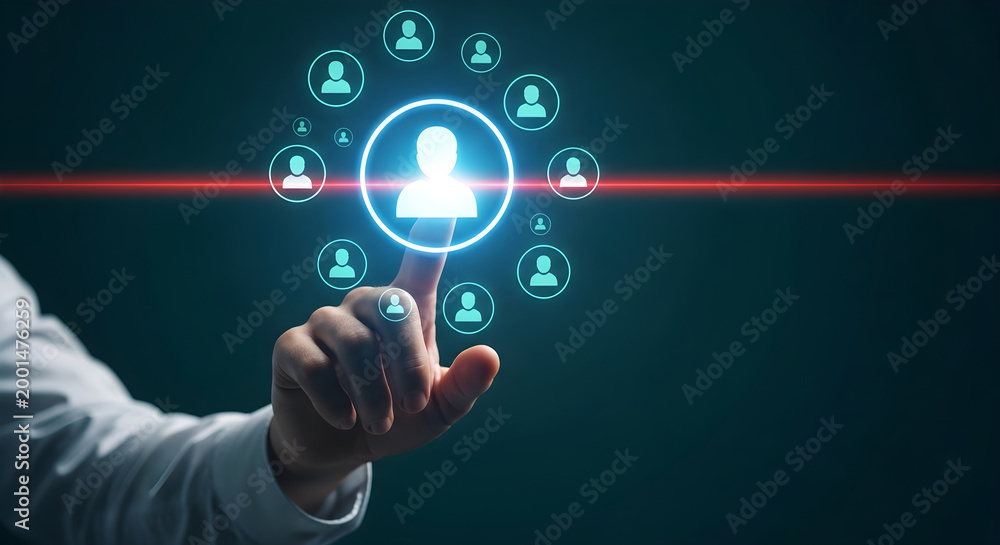 Fototapeta premium A person interacts with a glowing profile icon surrounded by smaller icons.