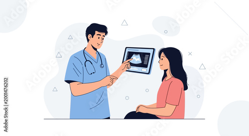 Doctor shows ultrasound scan to pregnant woman, medical consultation, healthcare concept
