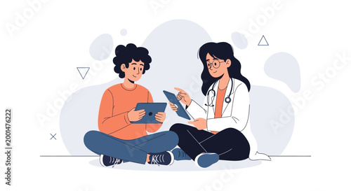 Doctor and patient discussing medical information on tablets, modern healthcare concept