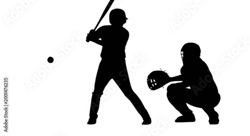 Baseball player hitting ball with catcher silhouette isolated on transparent background, Vector