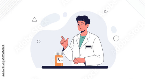 Pharmacist in Lab Coat Explains Prescription, Holding Pill Bottle with Rx Symbol