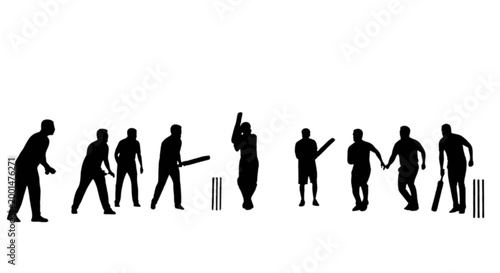 Black cricket player silhouettes in various actions isolated on transparent background, Vector