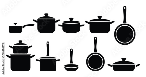 Collection of Black Silhouettes of Various Pots, Pans, and Cookware