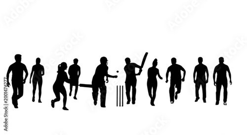 Black silhouettes of cricket players in action isolated on transparent background, Vector