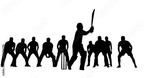 Cricket players silhouettes in action isolated on transparent background, Vector