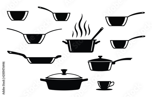 Collection of Black and White Silhouettes of Cooking Pots and Pans