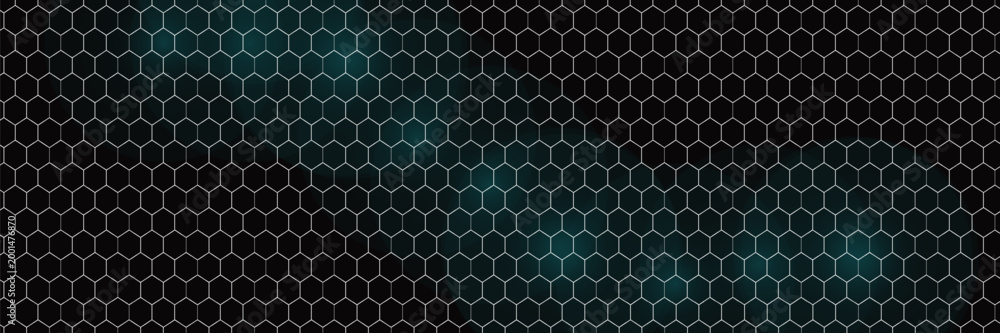 Obraz premium Dark hexagon abstract technology background with blue colored bright flashes under hexagon. Hexagonal gaming vector tech wide illustration.