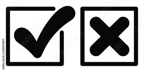 Checkmark and Cross in Boxes: Yes/No, True/False, Correct/Incorrect Symbols
