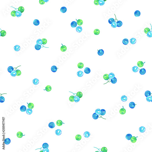 Hand drawn vector seamless pattern with blue and green blueberries and delicate leaves scattered on a white background. Fresh botanical illustration in soft watercolor style, perfect for textile, pack