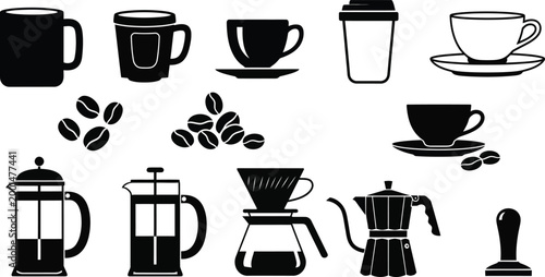 Black and white coffee including cups, coffee makers, and beans coffee cups coffee beans french press