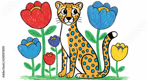 A cartoon cheetah with blue spots sits among vibrant tulips in various colors, creating a playful and cheerful scene.