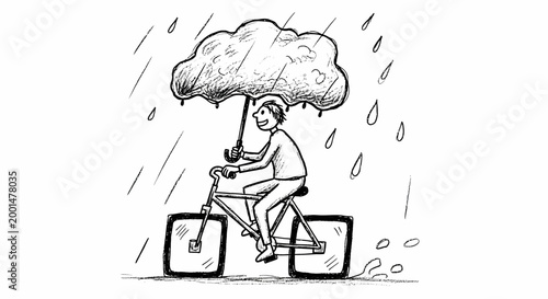 man rides a bicycle with a cloud-shaped umbrella on a rainy day, conveying a sense of carefree joy and whimsy.