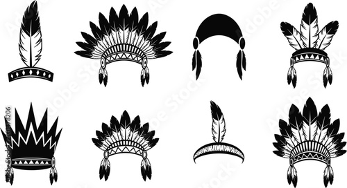 Collection of traditional Native American headdress silhouettes featuring feather war bonnets and tribal headgear designs for cultural heritage, ethnic history, and indigenous costume projects.