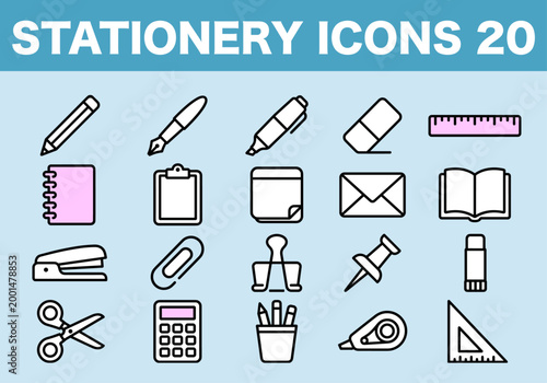 Bold Line Stationery and Office Supplies Icon Set / Education and Work Vector Symbols