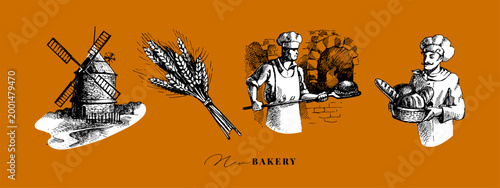 Hand drawn bakery collage set. Vintage wheat, mill and baker sketch vector illustrations. Retro menu design.