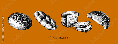Hand drawn bakery collage set. Vintage bread, croissant and loaf sketch vector illustrations. Retro menu design