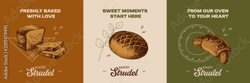 Hand drawn bakery banners. Vintage bread, croissant and loaf sketch vector illustrations. Retro collage poster set.