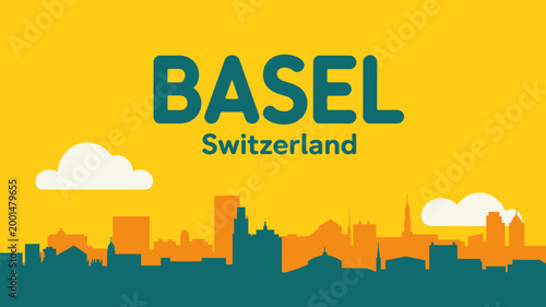 Colorful illustration of Basel Switzerland city skyline with clouds and sunrise