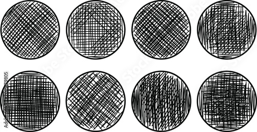 Ocho círculos negros con patrones de líneas cruzadas en blanco y negro, dispuestos en dos filas de cuatro.