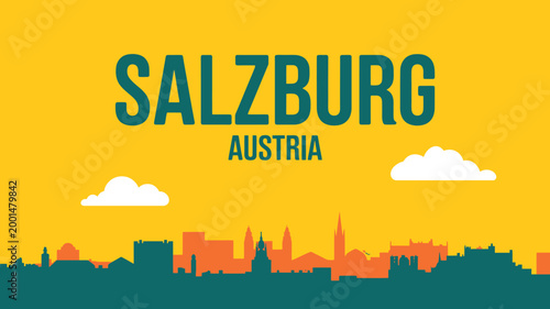 Bright yellow travel poster design featuring Salzburg Austria city skyline illustration