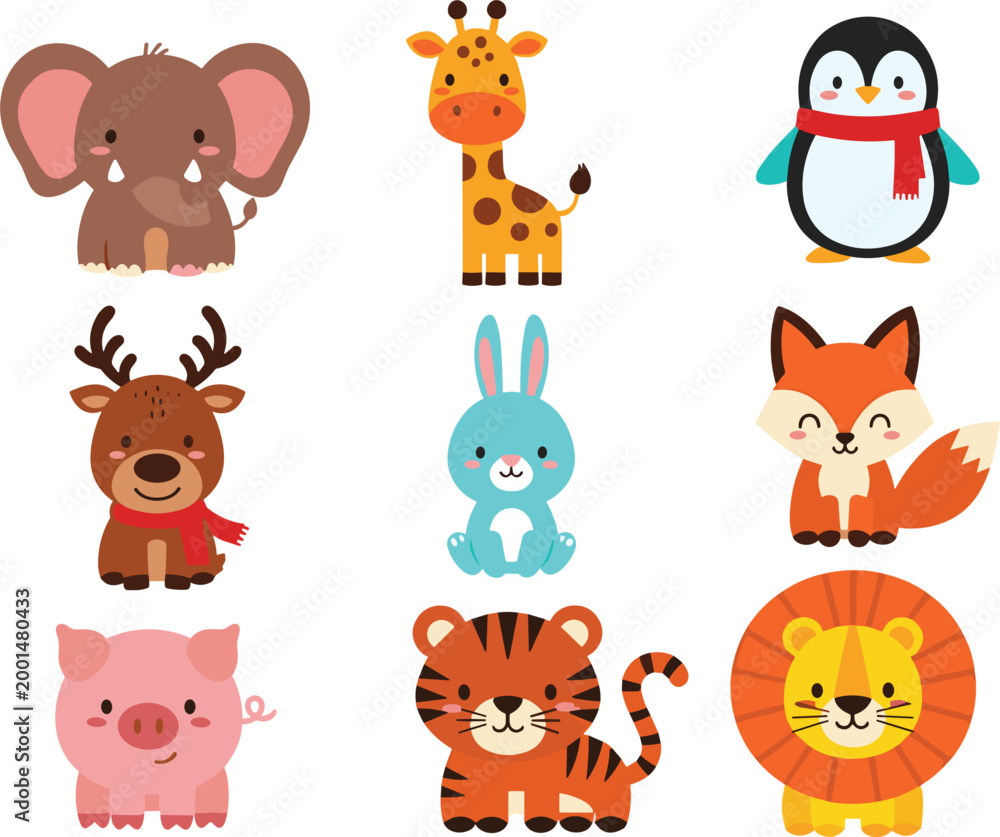 Fototapeta premium Cute cartoon animals elephant giraffe penguin deer rabbit fox pig tiger lion vector illustration set