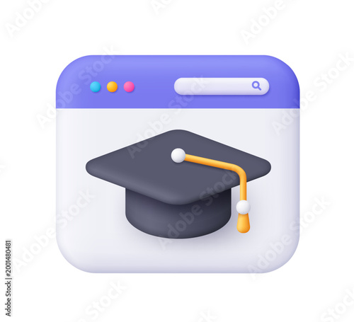 Web page in purple and white with black graduation cap. Online education, virtual graduation, e-learning, academic success, workshops and courses. 3d vector icon. Cartoon minimal style.