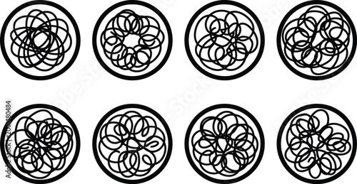 Ocho círculos con patrones abstractos de líneas enredadas, que evocan garabatos o madejas de hilo.