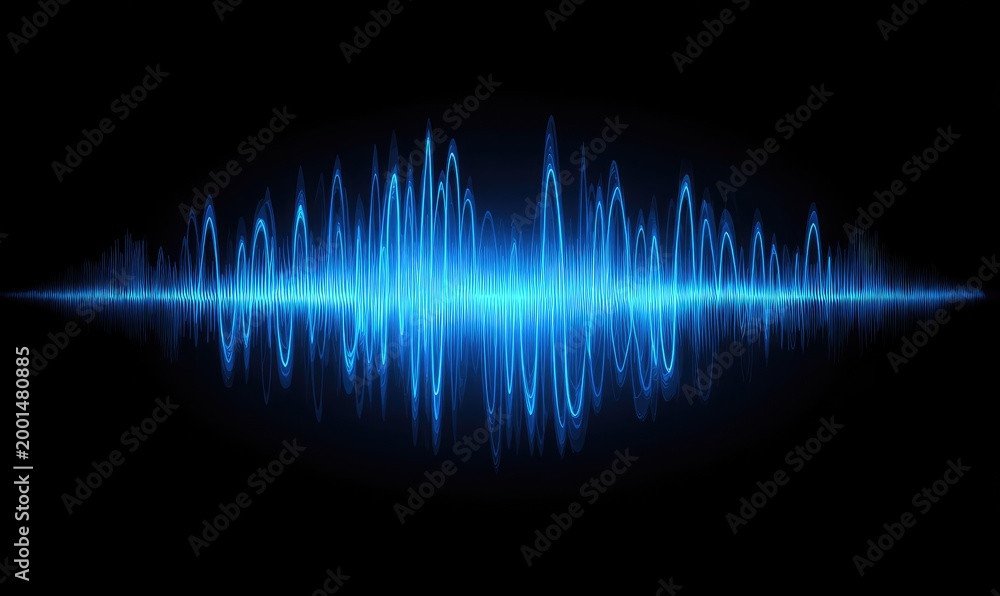Naklejka premium Vibrant blue energy wave pulsates across a dark background, graphic equalizer