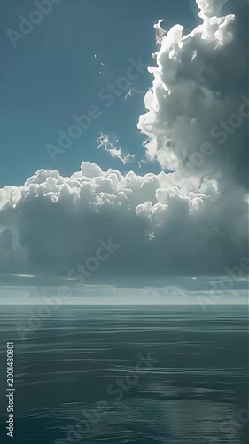 Vast Ocean Underneath a Dramatic Sky Filled with Fluffy White Clouds and a Hint of Sunlight