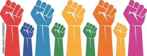 Raised fists, illustration, colorful vector symbols representing unity protest empowerment diversity solidarity resistance and social activism concept for awareness design.