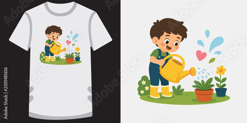 Cute little boy gardener watering flowers in pots with yellow watering can in the garden.