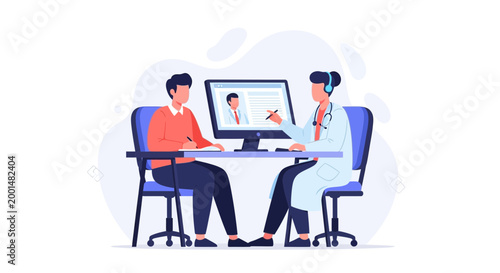 Doctor consulting patient online via computer screen, telemedicine concept