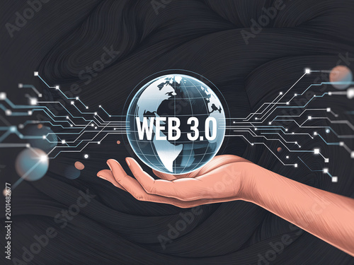 A hand holds a globe with the words WEB 3.0 on it