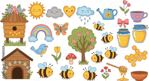 Cute cartoon bees honey jars beehives flowers sun rainbow tree kawaii nature insect vector illustration collection spring garden elements