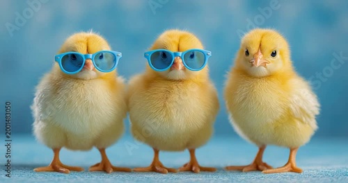 Three yellow chicks with blue sunglasses bang, studio blue background. easter concept