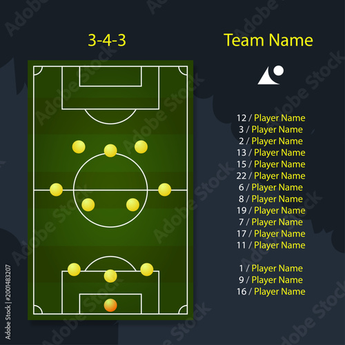 Yellow text soccer football field formation with player list, green team lineup infographic for sports broadcast and analytics