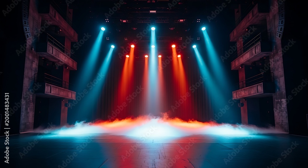 Naklejka premium Theatrical stage with blue and red spotlights and fog