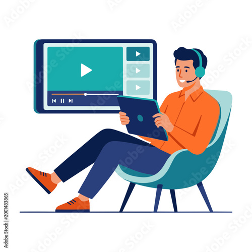 Man sitting on chair watching video on screen with headset and holding tablet