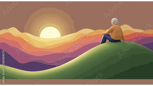 Senior contemplating sunset over colorful landscape, peaceful retirement, hope, future