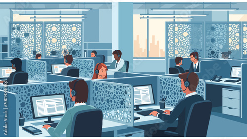 Professional Call Center Office Workspace, Customer Service Team Collaboration