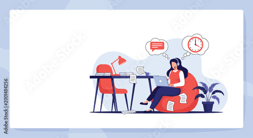 Female worker focused on laptop sitting in a comfortable bean bag chair with many documents and a clock showing deadlines.