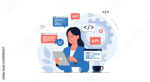 Professional female software developer using a tablet while surrounded by various web development and API icons in a modern workspace.