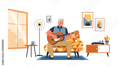 Senior Man Playing Guitar at Home, Relaxed Lifestyle, Leisure Activity