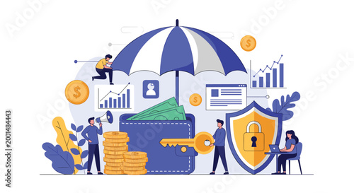 Financial security concept showing an umbrella protecting a wallet full of cash with people and gold coins around to represent savings.