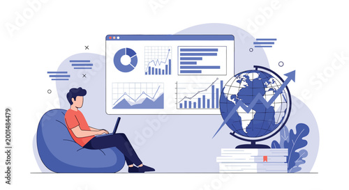 Young man relaxing in a beanbag chair and using a laptop with global data charts and a globe in the background for remote work analysis.
