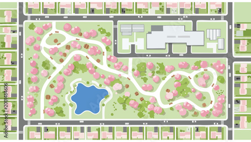 Top-Down Aerial View of Urban Neighborhood Park & Residential Streets