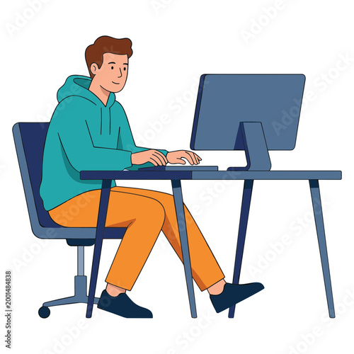 Man sitting at desk typing on computer with monitor