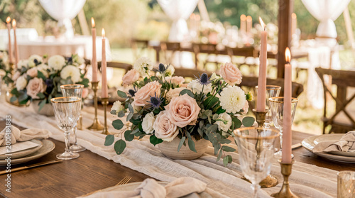 Slika na platnu Elegant outdoor wedding reception table setting with floral centerpieces, candles, and rustic decor under a tent