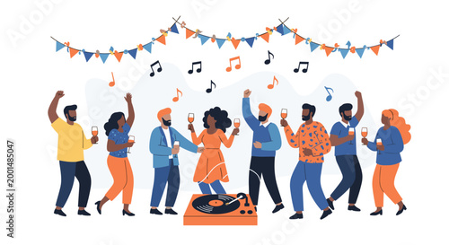 Group of diverse people dancing and having fun at a party with a DJ turntable and musical decorations in a lively social atmosphere.